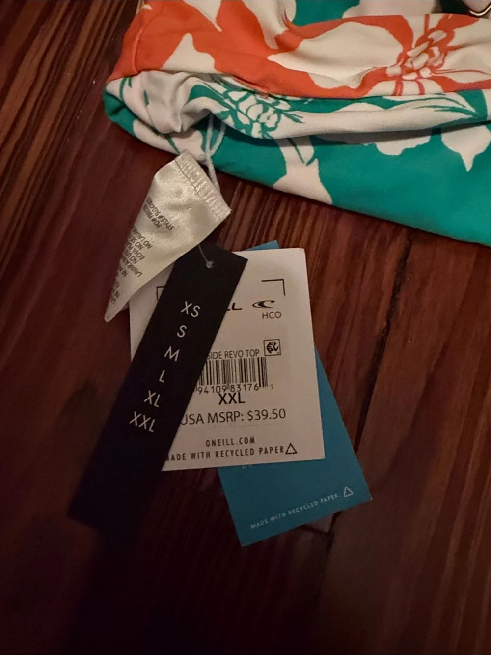 O'Neill Orange and White Floral Bandeau Bikini Reversible Top